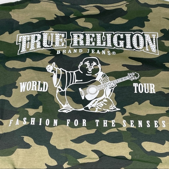 True Religion in Woodland Camo Crystal Logo 2 Sided Womens Large Size T-Shirt - Picture 2 of 11
